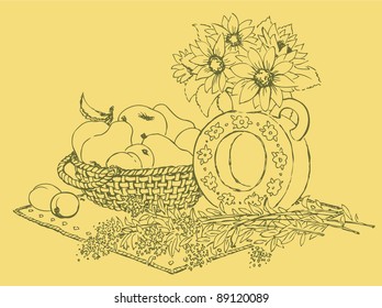 Vector still life vase with fragrant flowers and fruit in a basket