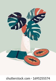 Vector a still life with a vase with a monstera leaves on the table near the book and cutted papaya.