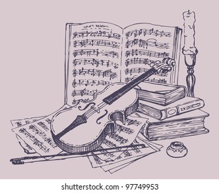 Vector still life. Violin with bow, books, pages of notes, ink, and a candlestick with a candle