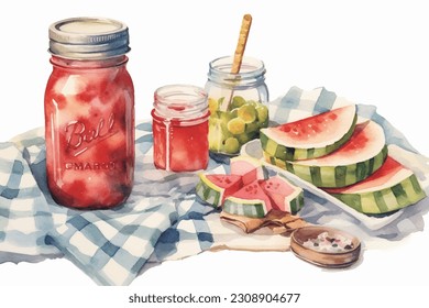 Vector still life with watermelon drink illustration. Watercolor hand painted summer cocktail. Drinks menu design. Watermelon smoothie. Bar red drink design.