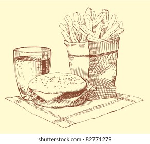 Vector still-life. A fresh breakfast: a hamburger, French fries and a drink on a napkin