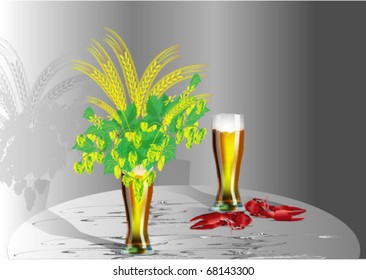 Vector still-life from a glass with beer cancers malt and hop