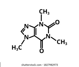 Vektorstimulierendes Koffein. Koffein Molekularstruktur - chemische skelettale Strukturformel einzeln auf weißem Hintergrund. Koffein findet man in Kaffee, Tee, Energiegetränken und einigen Getränken.