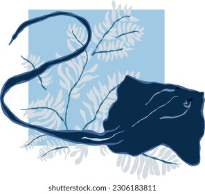 Vector stingray and coral branch. Underwater animal and plant illustration isolated on white background. For design, prints, fabric or background.