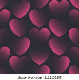 Vector Stipple Classic Hearts Pink Black Seamless Pattern Romantic Valentine's Day Background Abstract Wallpaper. Dotted Heart Graphic Love Sign Wrapping Paper Pattern. Tileable Art Illustration