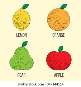 Vector stipple style illustration with lemon, orange, green pear, red apple. Set of fruits. Icons for cooking, restaurant menu and vegetarian or eco food. Healthy lifestyle illustration