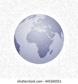 Vector stippled world stylized globe. Views of Africa.
Map represents three-dimensional, spherical model of Earth. White and blue color. Guide for traveling around the world.