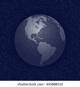 Vector stippled world stylized globe. Views of America on a dark backdrop. Map represents three-dimensional, spherical model of Earth. White and blue color. Guide for traveling around the world.