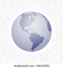 Vector stippled world stylized globe. Views of America. Map represents three-dimensional, spherical model of Earth. White and blue color. Guide for traveling around the world.
