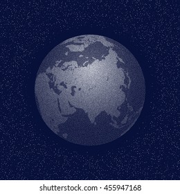 Vector stippled world stylized globe. Asia. Dark edition