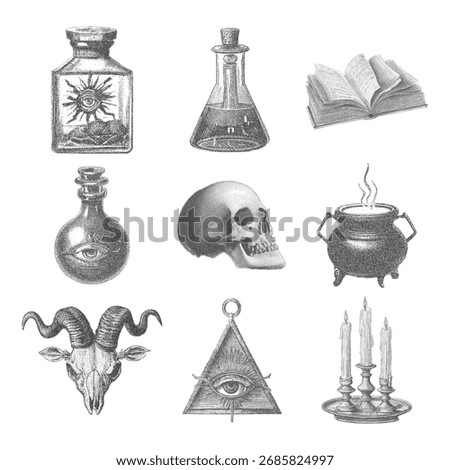 Vector stippling illustration set of occult symbols including skull, goat head, potion bottles, magic cauldron, candles, pyramid eye, alchemy tools, mystical book design