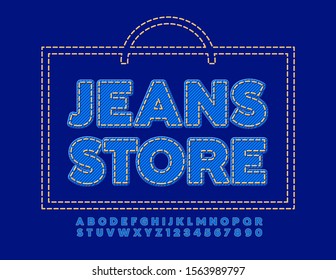 Vector stitch bag with text Jeans Store. Denim blue Font. Textile Alphabet Letters and Numbers