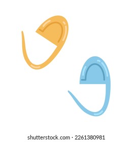 Vector stitch markers for knitting. Cozy crafting hobby. Knitting. Blue and yellow lock stitch markers in flat design. 