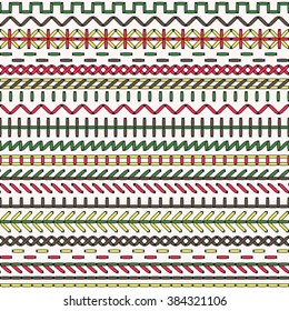 Vector stitch seamless pattern. Embroidery borders. Sewing elements isolated. Dividers and frames. Cross craft design. 