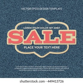 Vector stitched banner - denim vintage elegant badge, stitched typography. Sale