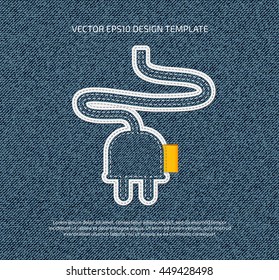 Vector stitched denim applique style power plug icon. 