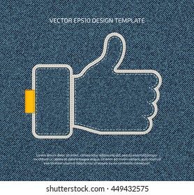 Vector stitched denim applique style thumb up symbol icon. 