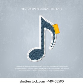 Vector stitched denim applique style musical note icon. 