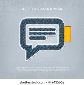 Vector stitched denim applique style speech bubble icon. 