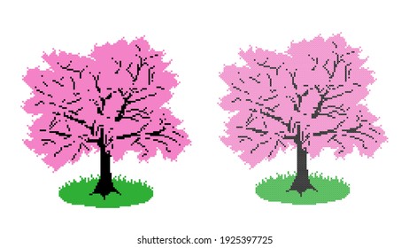 Vector stitched and pixel sakura on white background. Illustration for game design, marketing,  embroidering, advertising