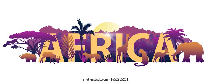 Vector stock African banner with big letters, wild animals and exotic plants outlines. Savannah horizontal composition with rising sun, jungle and exotic mammals. Isolated on white.