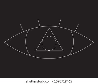A vector stock angry eye with dotted pupil and triangle. A white outline evil eye as a concept of testing aura and occultism. A graphic illustration isolated on black background.