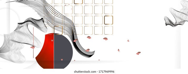 abstracción roja blanca de fondo vectorial con estilo japonés. Formas y líneas futuristas con pequeños elementos dorados