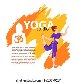 Vector stock background with young girl in asana, colorful brushstroke, space for your text, Buddha silhouette and “om” symbol. Concept for yoga or meditation studio in modern cartoon style.