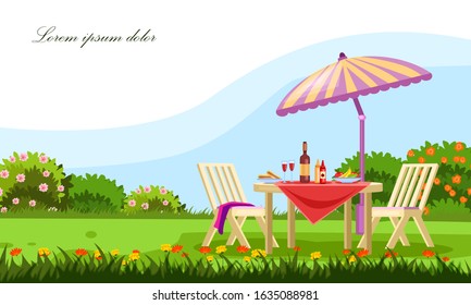 Vector stock banner with backyard, blooming bushes, flowers, umbrella and garden furniture. Served table with wine, glasses, ketchup, sandwiches and fruit. Spring picnic background in flat style