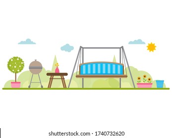 Vector stock banner with backyard, blooming bushes, flowers  and garden furniture. Served table with flowers and BBQ,  Spring picnic background in flat style. Summer or spring view