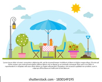 Vector stock banner with backyard, blooming bushes, flowers  and garden furniture. Served table with flowers and BBQ,  Spring picnic background in flat style. Summer or spring view
