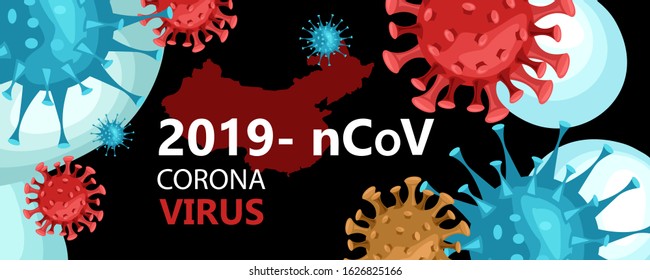 Vector stock banner with coronavirus images, map of China and abstract shapes. Illustration for blog posts, news, articles about 2019-nCoV virus spreading worldwide from Chinese city Wuhan