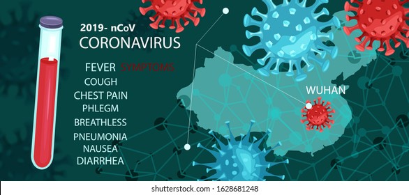 Vector stock banner with coronavirus images, map of China, symptoms and test tube. Illustration for blog posts, news, articles about 2019-nCoV virus spreading worldwide from Chinese city Wuhan