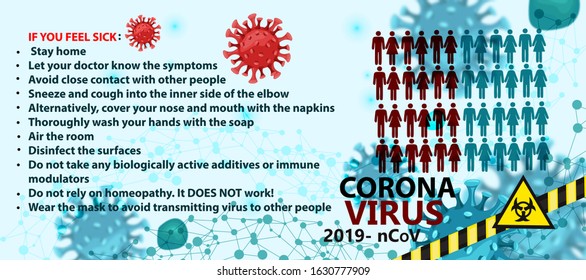 Vector stock banner with list of recommendations in regards with what people should do if they feel sick. Concept with coronavirus 2019-nCoV images, biohazard sign and small men and women figures