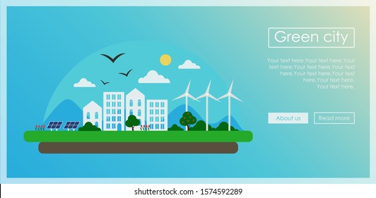 Vector stock banner for the site in a flat style with an environmental concept on a gradient background with place for your text. Landscape of ecologically clean city with windmills, solar panels.