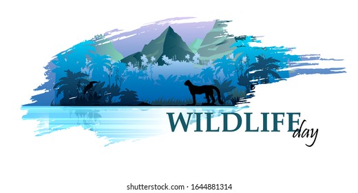 Vector stock banner for Wildlife Day with brushstroke, hunting leopard, mountain peaks, water and jungle outline. Rainforest silhouette with palms and exotic plants. Amazonian trendy blue background