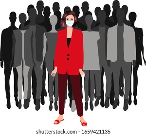 Vector stock banner of world community wearing medical mask to stop spreading flu virus. Society crowd with cartoon character in red standing against. Protect from global medical problem covid-19