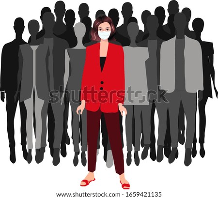 Vector stock banner of world community wearing medical mask to stop spreading flu virus. Society crowd with cartoon character in red standing against. Protect from global medical problem covid-19