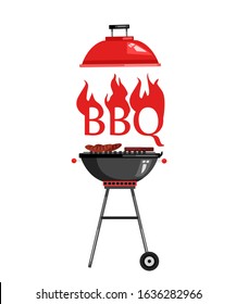 Vector stock bbq label with brazier, lettering, sausage and red flames. Barbecue logo in flat style isolated on white. For restaurants, cafes, events, advertisements, picnics, grill parties