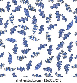 Vector - stock. Black, white and blue on colors. Nice background. Doodles cute pattern. Seamless Beautiful fabric pattern. It can be used on wallpaper, mug prints, baby apparels, wrapping boxes etc.
