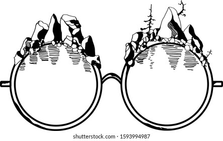 Vector stock black and white illustration. Hand drawn sketch graphic design. Round sunglasses with mountains and pines.