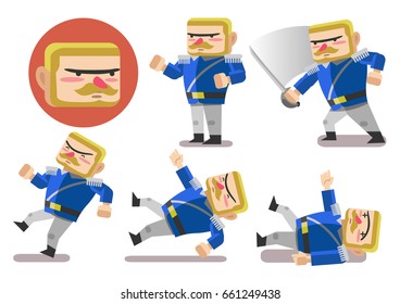 Vector stock of The Blonde Dutch colonial army with a sword. Set of Character Poses for a Video Game