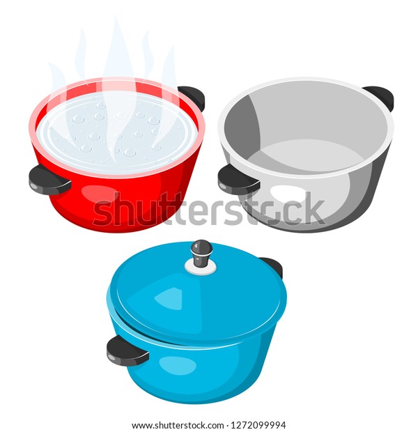 白い背景に台所の物と蓋のイラストが入ったベクター素材のゆで鍋 赤 青の鋳鉄 のベクター画像素材 ロイヤリティフリー
