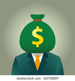 Vector stock of businessman with a bag full of money as his head