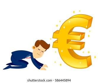 Vector stock of a businessman bow down and worship a big shiny golden euro currency symbol