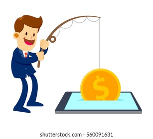 Vector stock of a businessman catch big gold coin with a fishing pole from mobile phone
