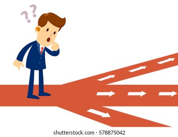 Vector stock of a businessman feeling confused in front of crossroad