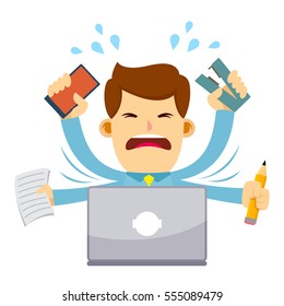 Vector stock of a businessman feeling stressed doing multitasking behind his laptop