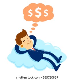 Vector stock of a businessman with a happy face sleeping on a cloud while dreaming about money