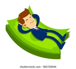 Vector stock of a businessman with a happy face sleeping on pile of money